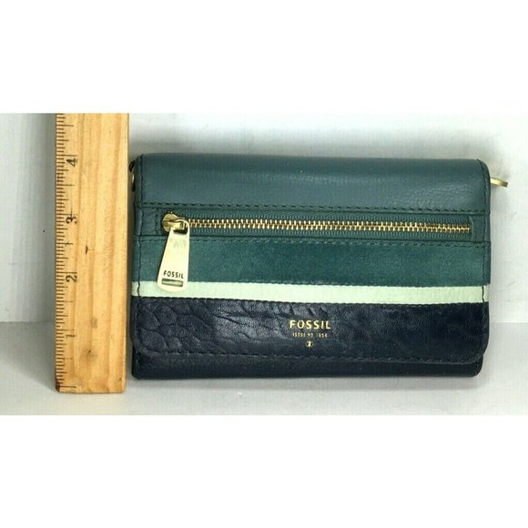 Fossil Green and Blue Leather Checkbook Card ID Clutch Wallet  (Monogram MLC) - Picture 6 of 12